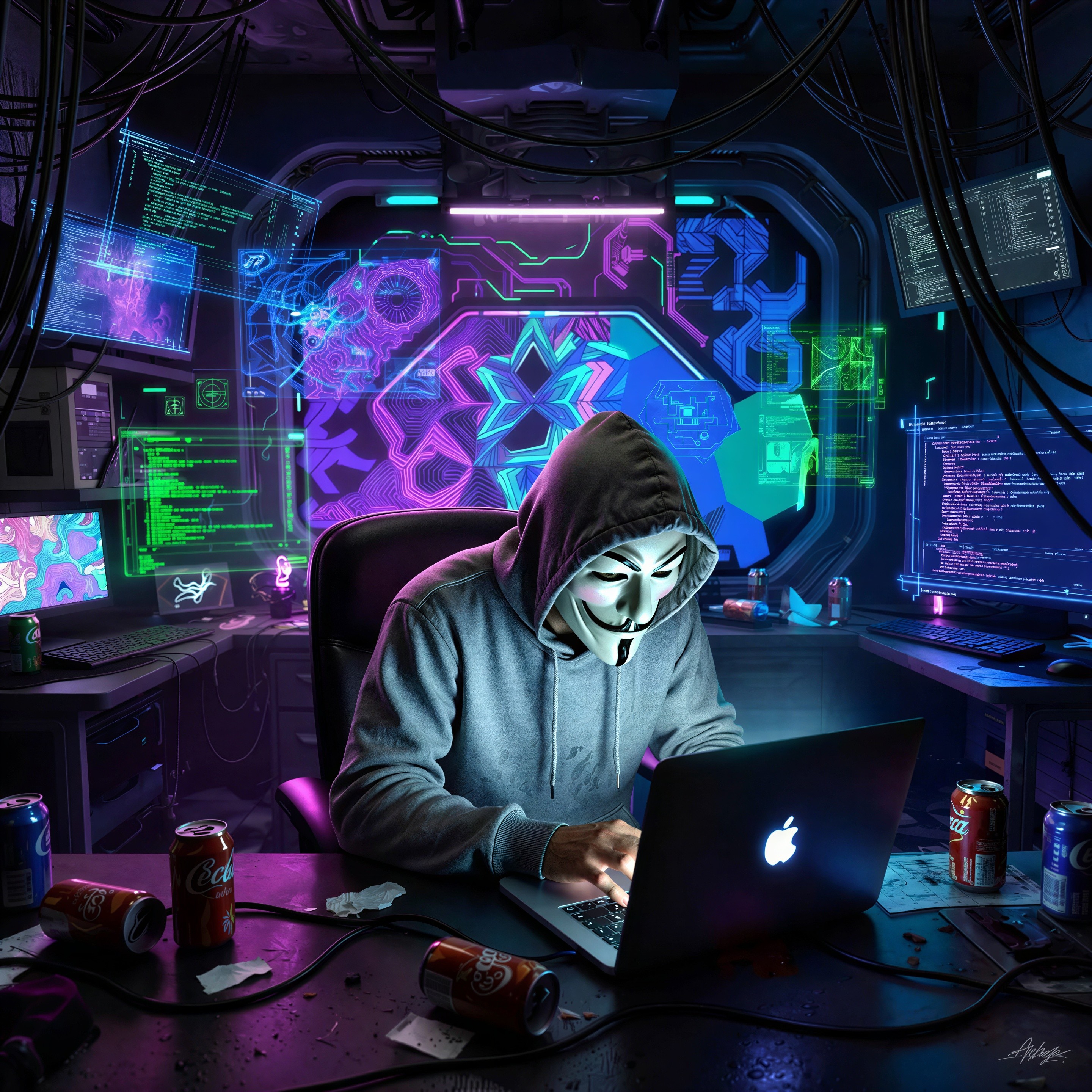 Hacker in Hooded Sweatshirt in Neon-Lit Room