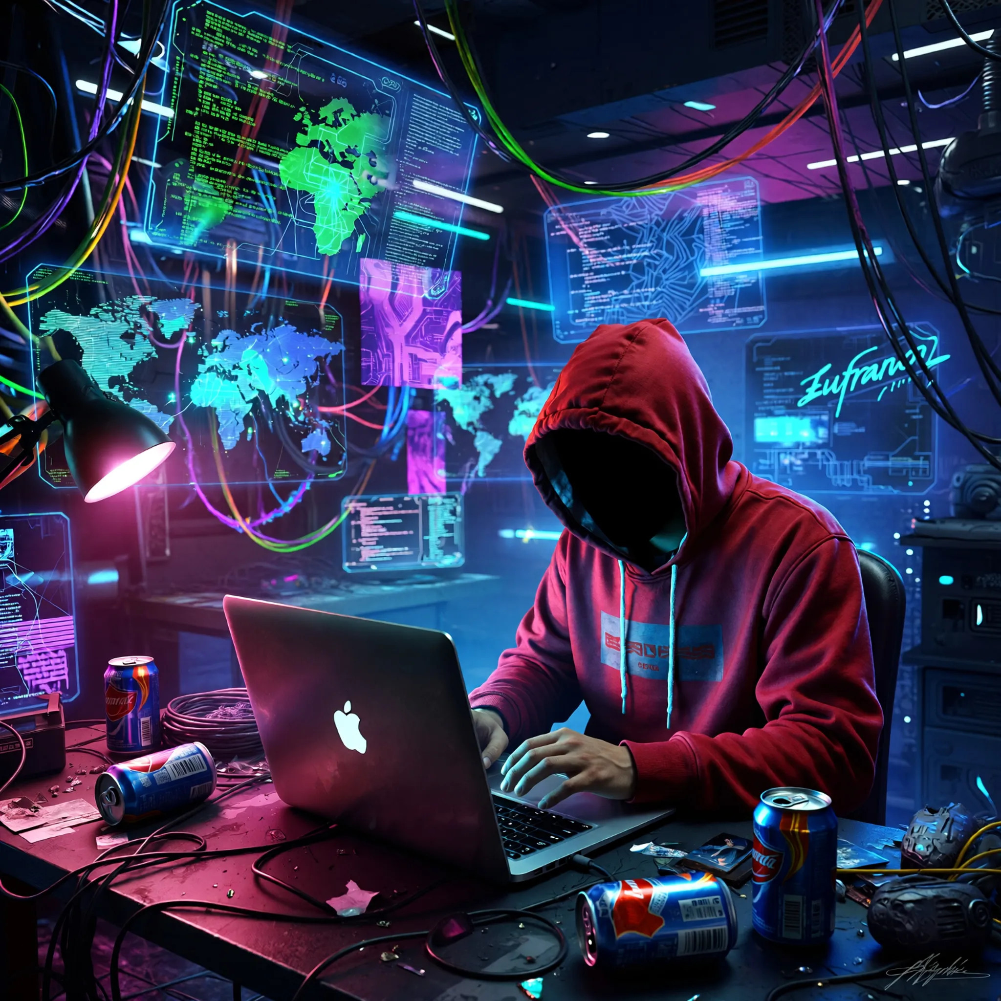 Shadowy Figure in Red Hoodie at Tech-Infused Desk