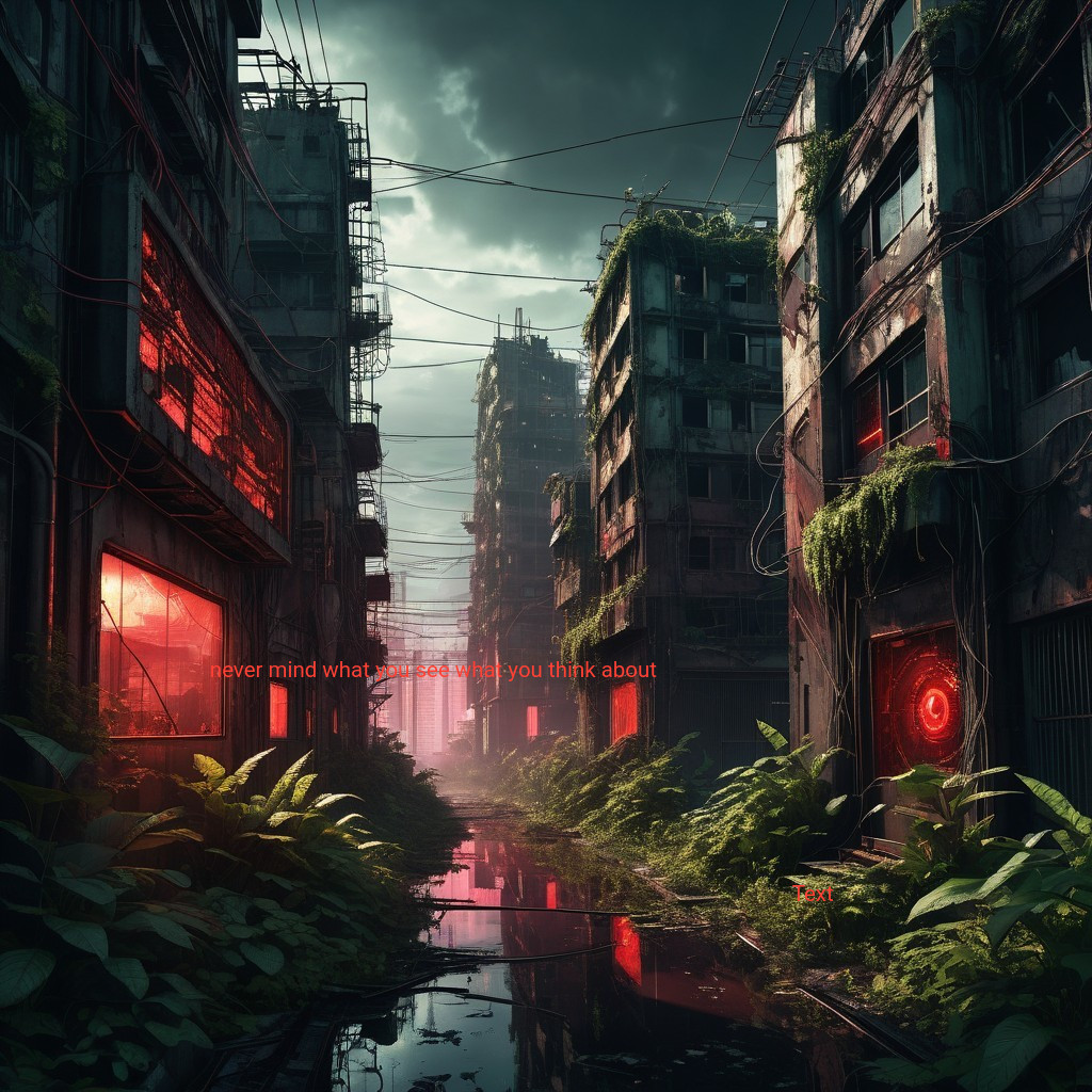 Dystopian Cityscape with Overgrown Buildings and Red Light