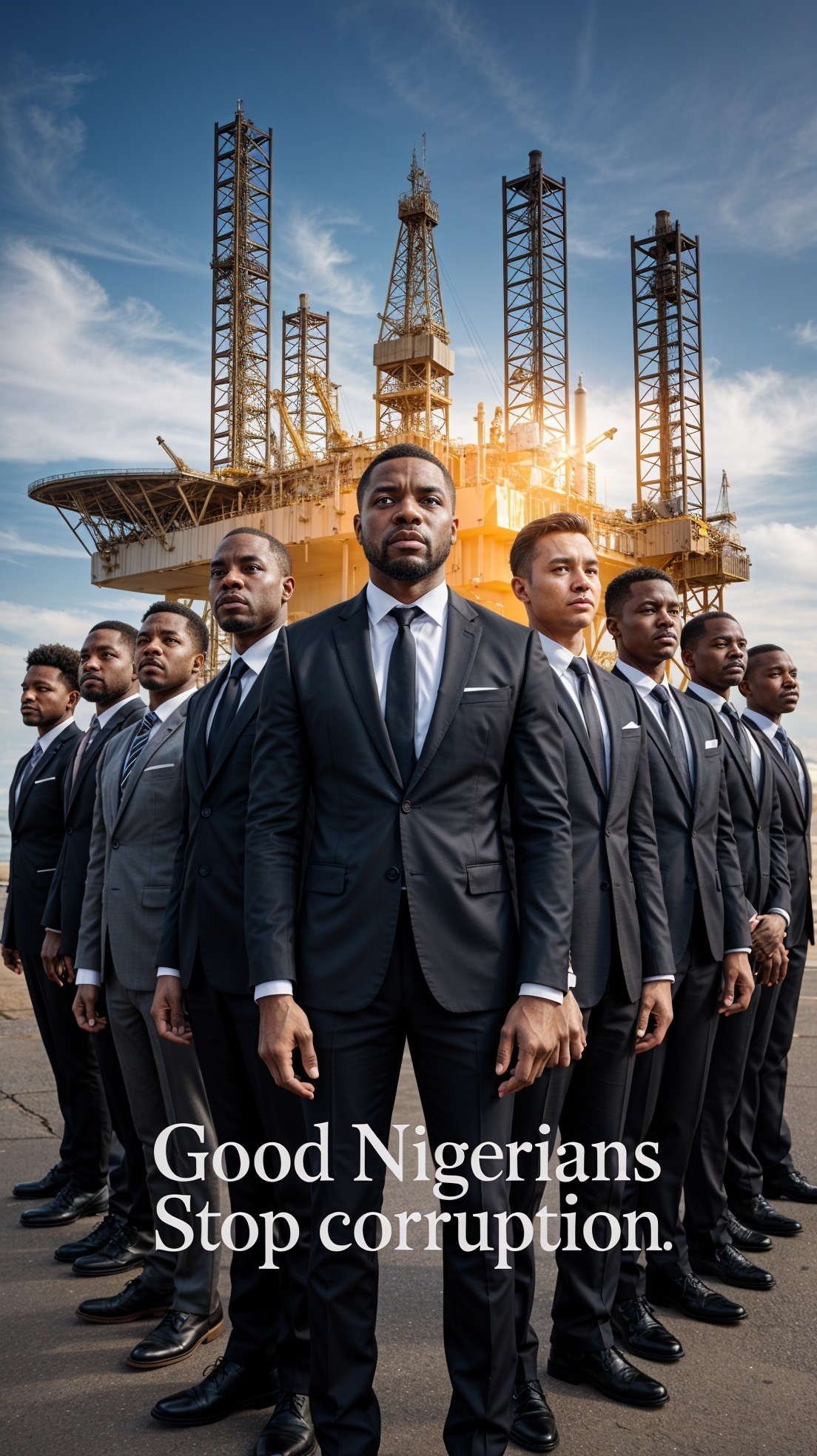 Well-Dressed Men in Front of Oil Rig and Sky