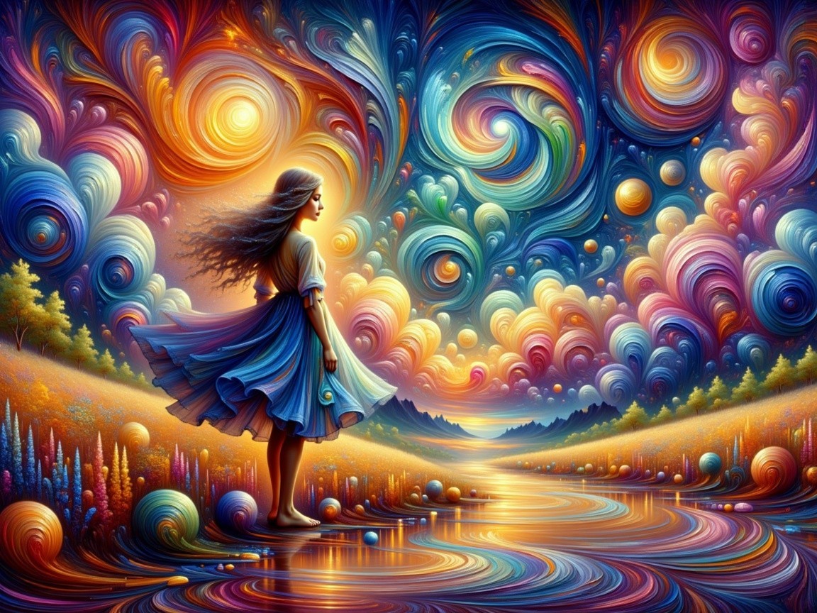 Serene girl by shimmering river under vibrant sky