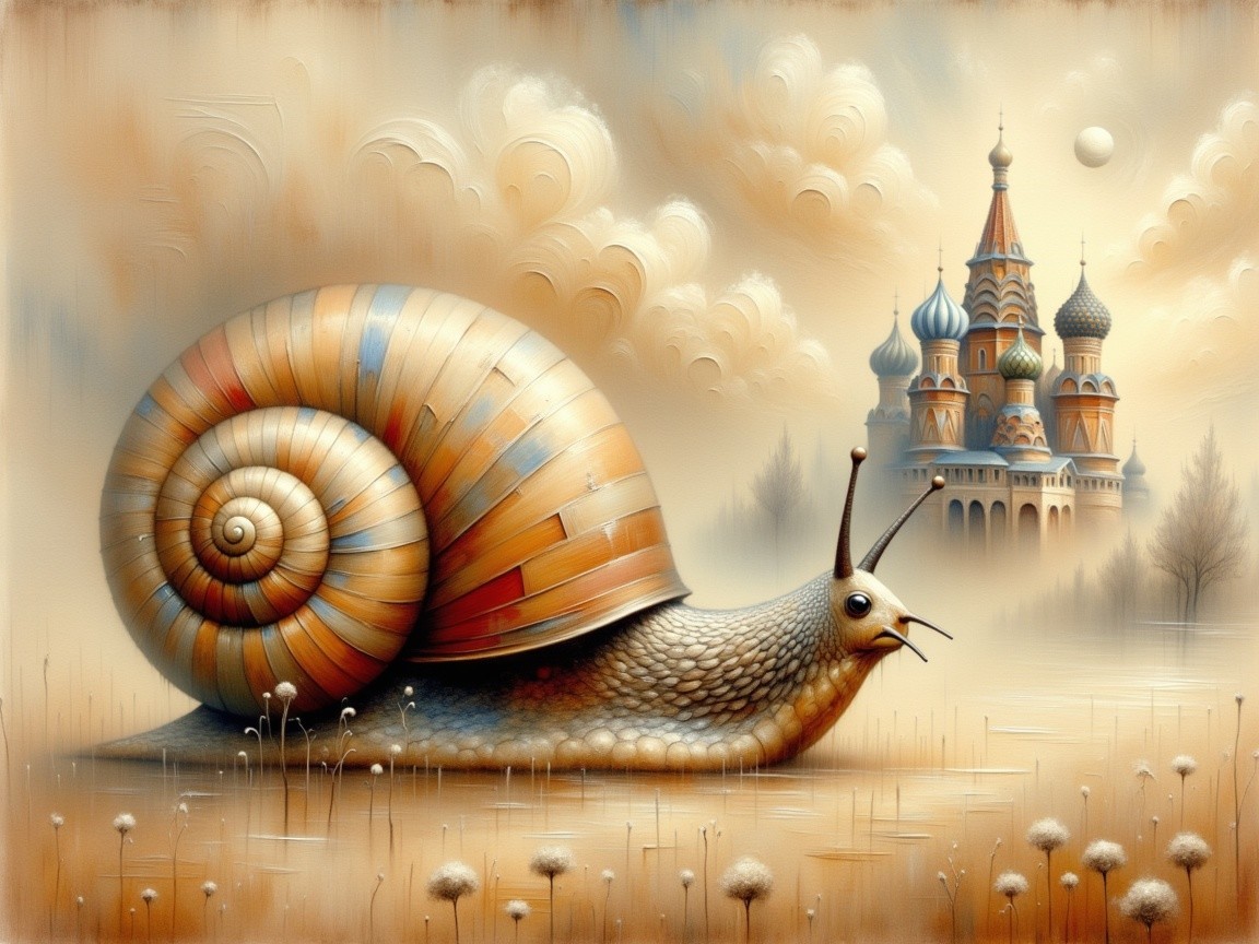 Oil Painting of Anthropomorphic Snail in Surreal Scene