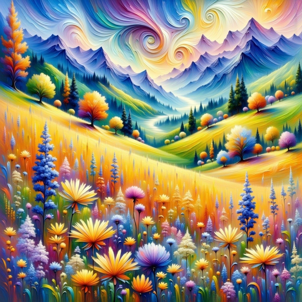Vibrant Valley Painting with Colorful Flowers and Mountains