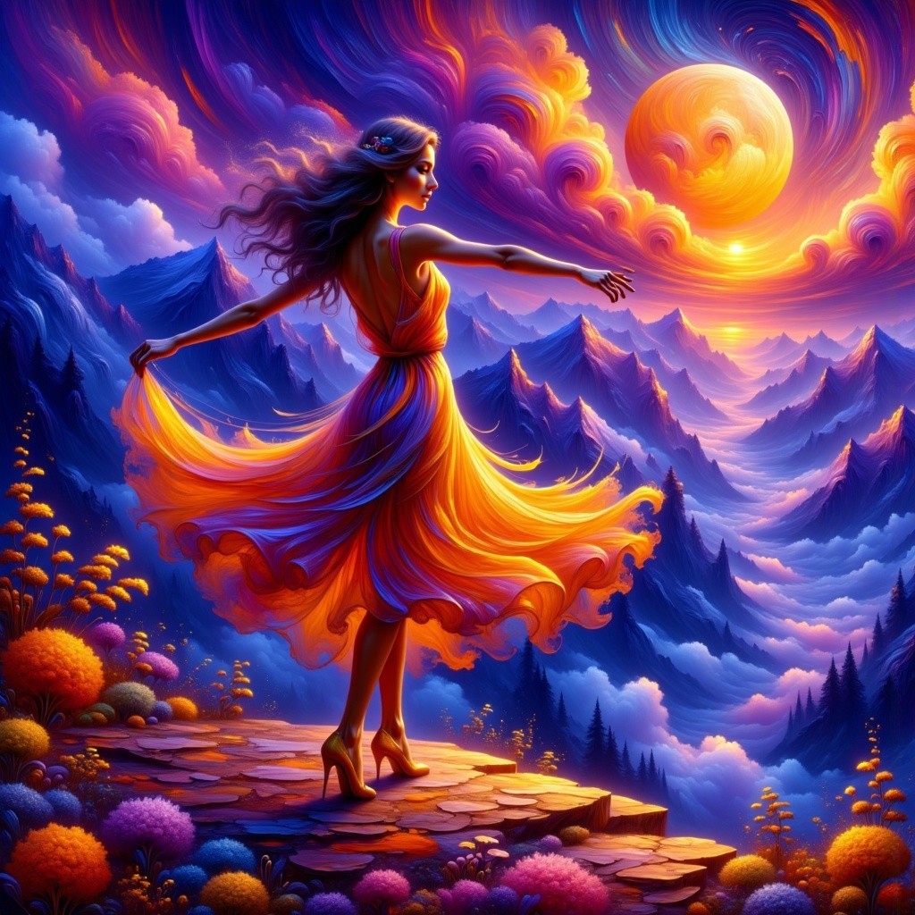 Woman in Flowing Dress Dancing on Cliff at Sunset