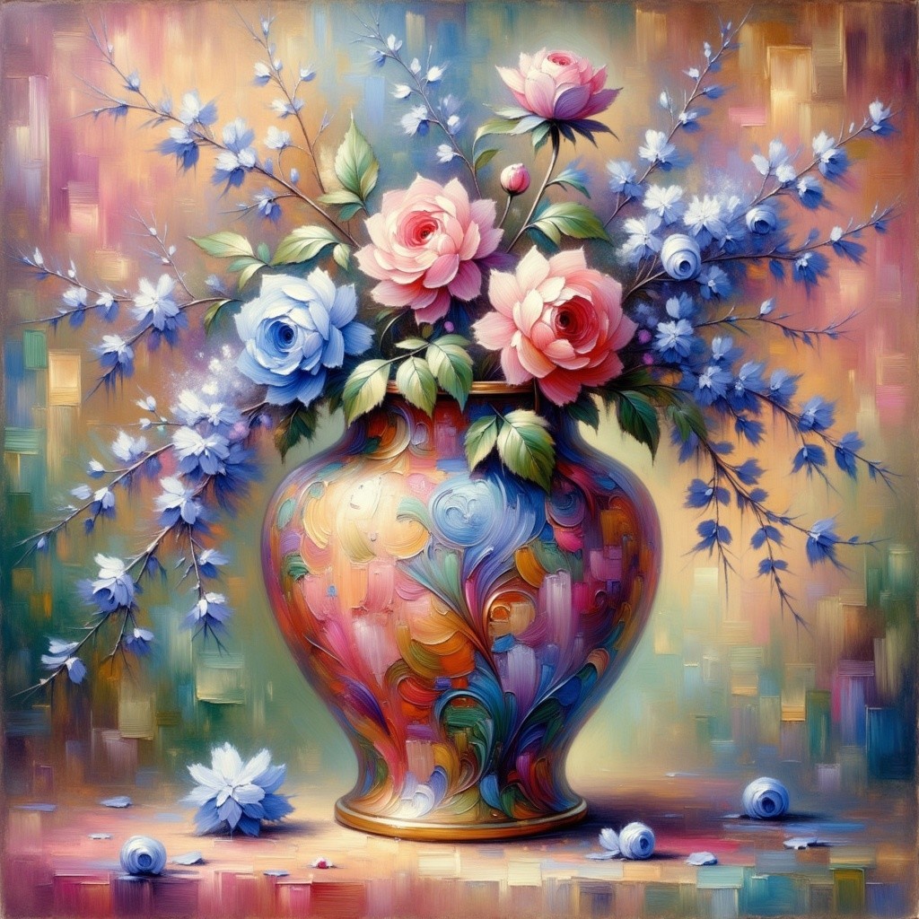 Impressionistic Oil Painting of Roses in a Vase