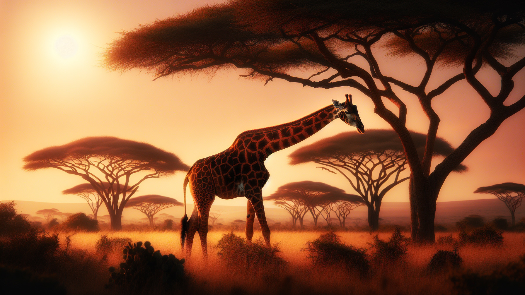 Giraffe in a Sunlit Savanna at Sunset