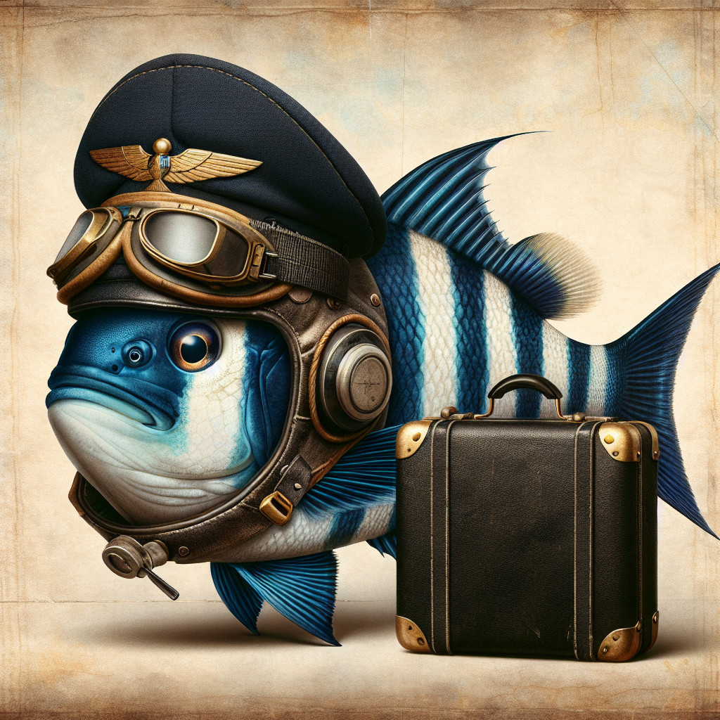 Anthropomorphic Fish in Aviator Gear with Vintage Suitcase