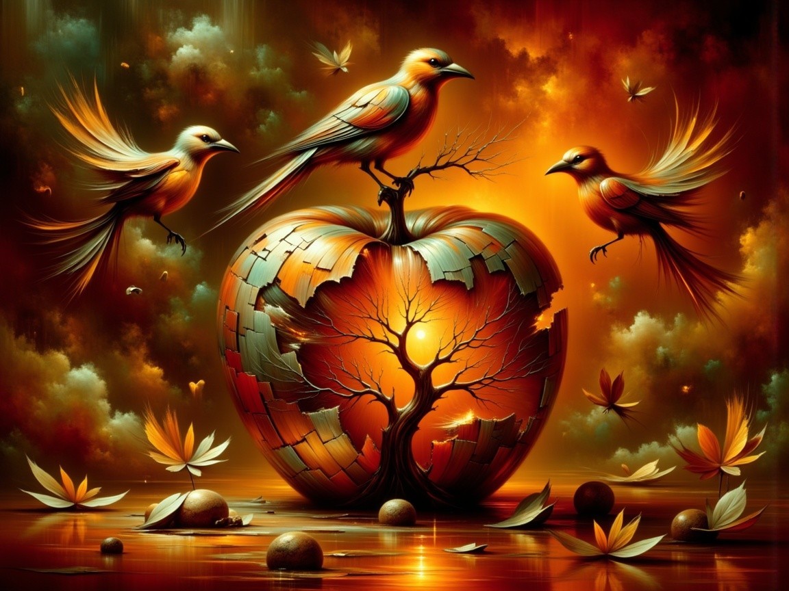 Surreal Scene of Glowing Apple and Vibrant Tree