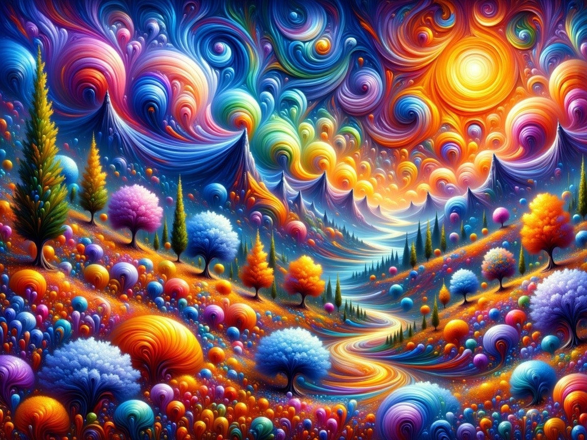 Colorful Dreamlike Landscape with Whimsical Trees