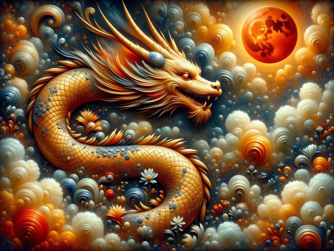 Golden dragon in a vibrant sky with swirling clouds