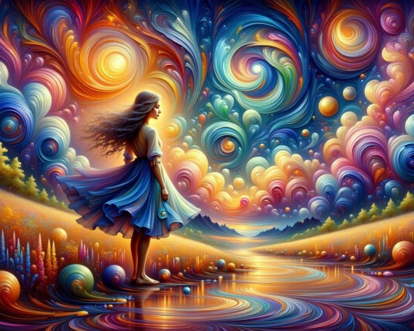 Serene girl by shimmering river under vibrant sky