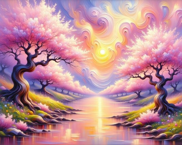 Whimsical Landscape with Cherry Blossoms and Water