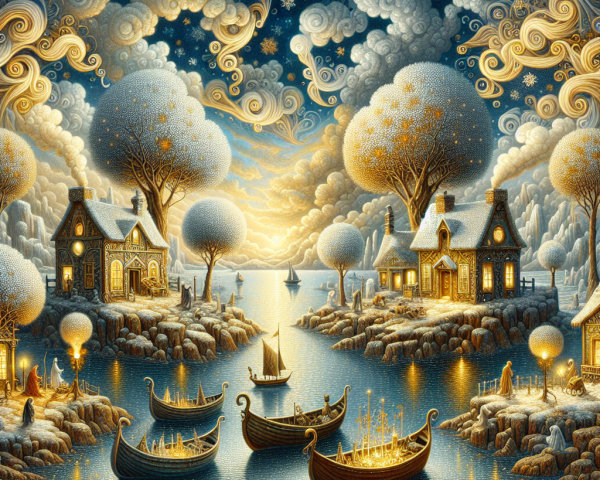 a cozy village scene with snow-covered rooftops