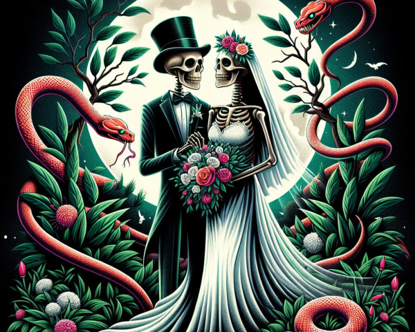 Skeleton Couple in Wedding Attire Under Full Moon