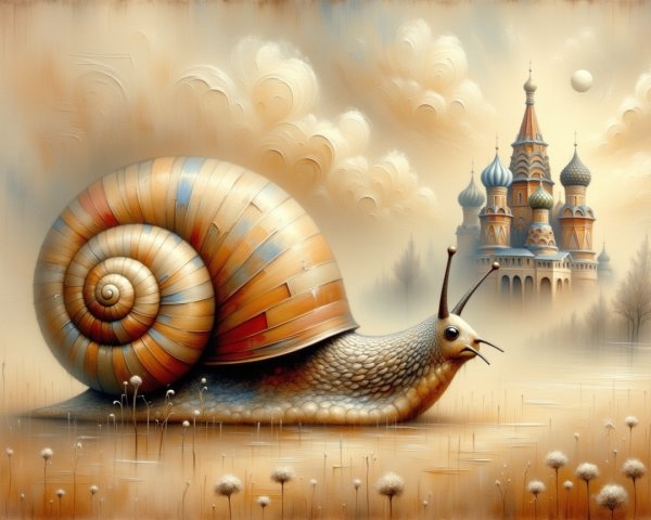 Oil Painting of Anthropomorphic Snail in Surreal Scene