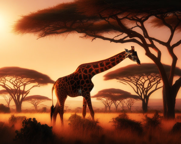 Giraffe in a Sunlit Savanna at Sunset