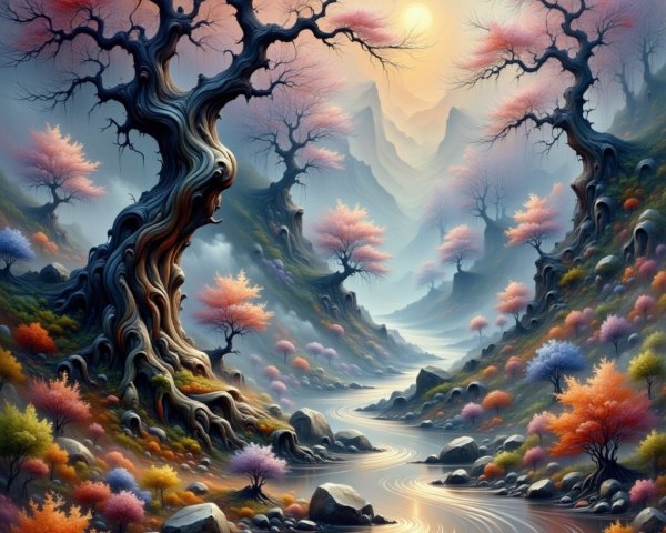 Vibrant Fantastical Landscape with Glowing Trees