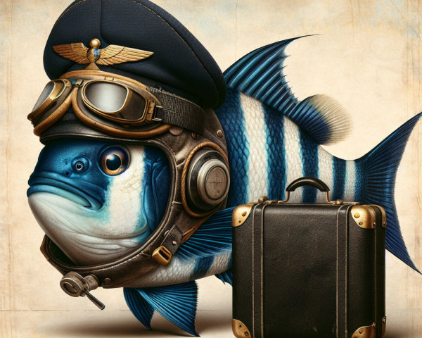 Anthropomorphic Fish in Aviator Gear with Vintage Suitcase
