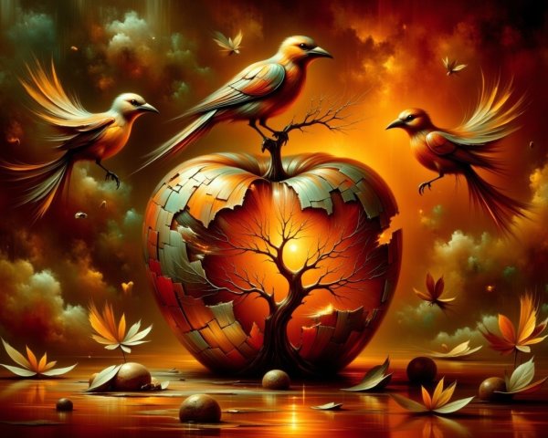 Surreal Scene of Glowing Apple and Vibrant Tree