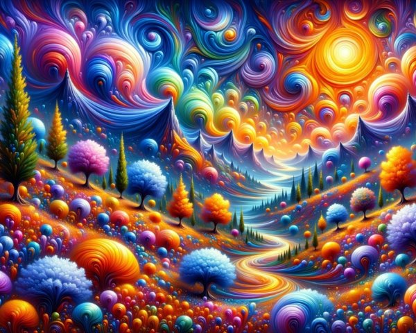 Colorful Dreamlike Landscape with Whimsical Trees