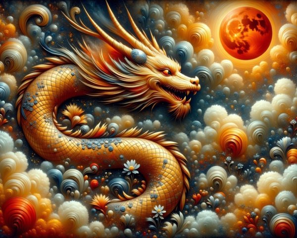 Golden dragon in a vibrant sky with swirling clouds
