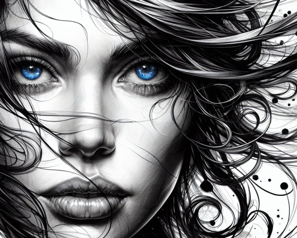 Black-and-white portrait of a woman with blue eyes