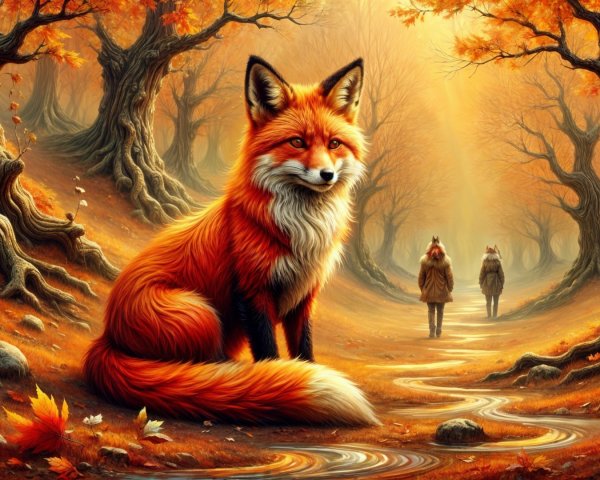 Autumn Forest Scene with Fox and Fallen Leaves