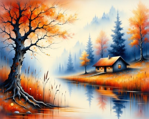 Whimsical Autumn Landscape Watercolor Painting