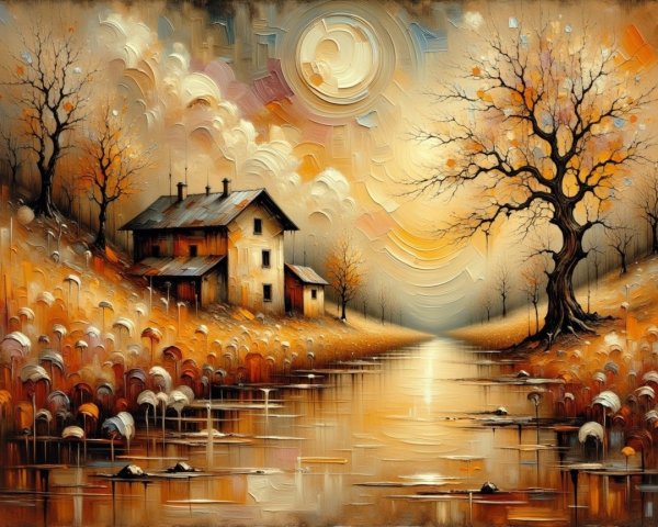 Oil Painting of Autumn Day with Landscape Elements