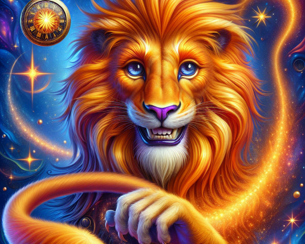 Mythical Orange Lion in Cosmic Galaxy Background