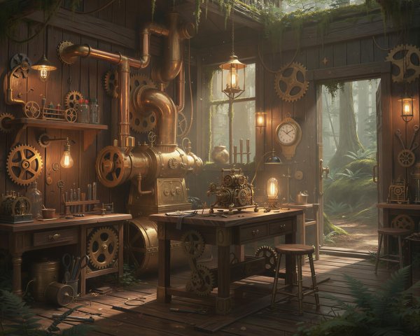 Steampunk Workshop Interior with Brass Gears and Machines