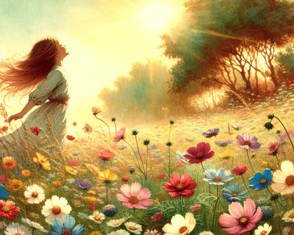 Young girl in colorful wildflower field under sunlight
