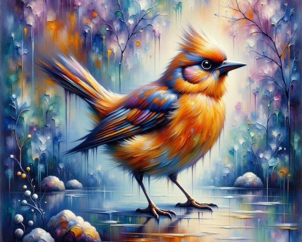 Vivid Bird on Reflective Surface with Abstract Backdrop