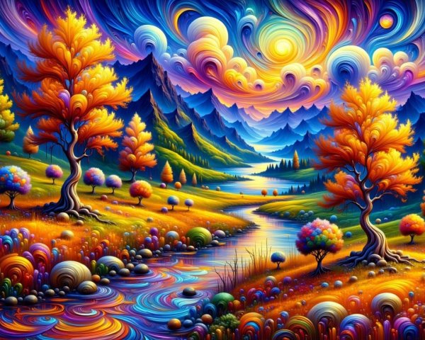 Vibrant Autumn Landscape with Bold Colors and Mountains