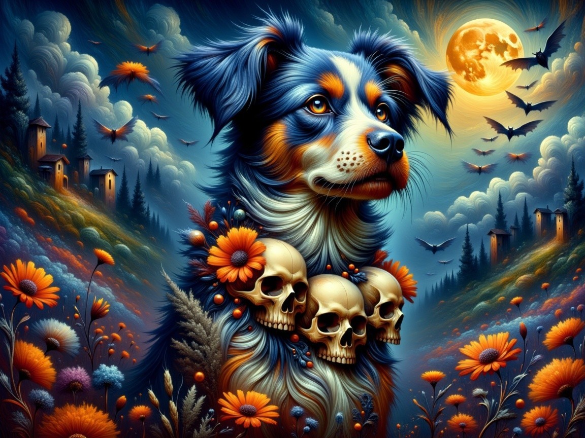 Whimsical Digital Painting of a Dog with Skulls and Moon