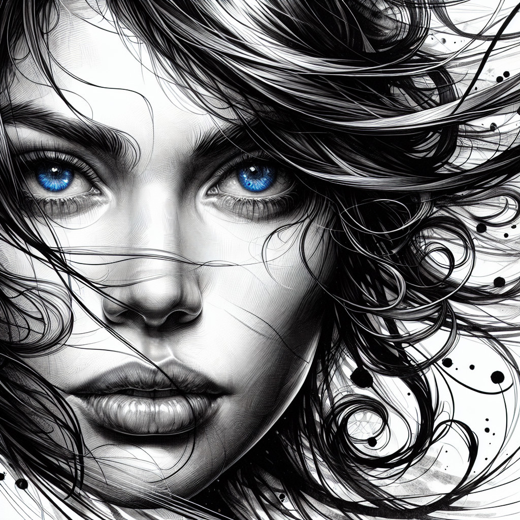 Black-and-white portrait of a woman with blue eyes