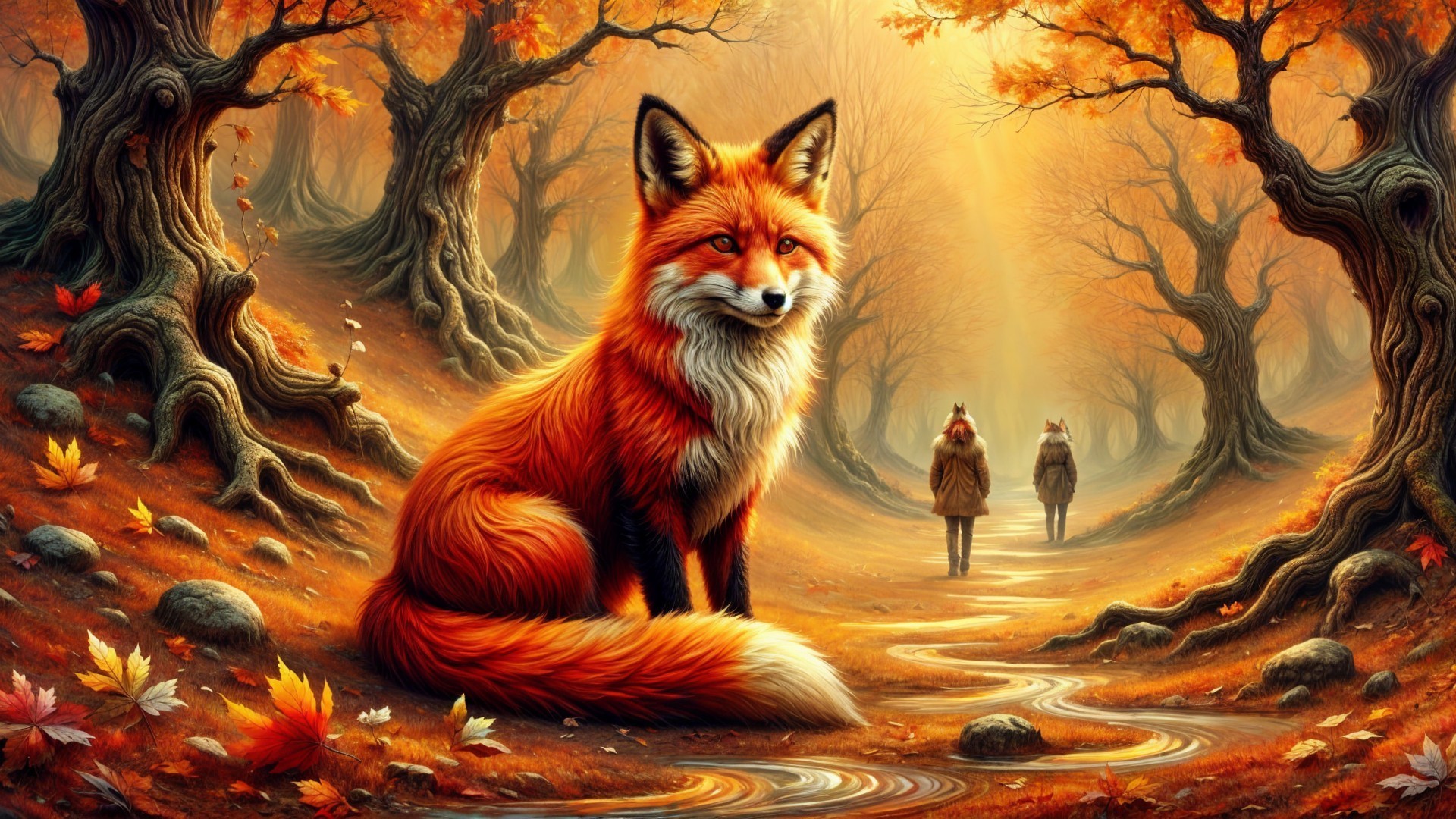 Autumn Forest Scene with Fox and Fallen Leaves