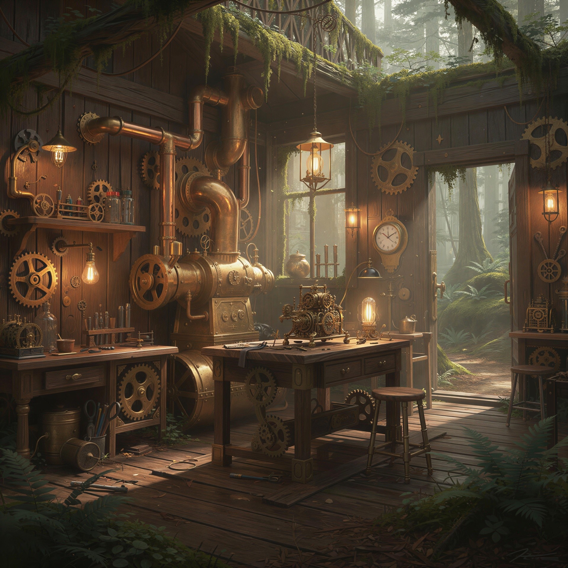 Steampunk Workshop Interior with Brass Gears and Machines