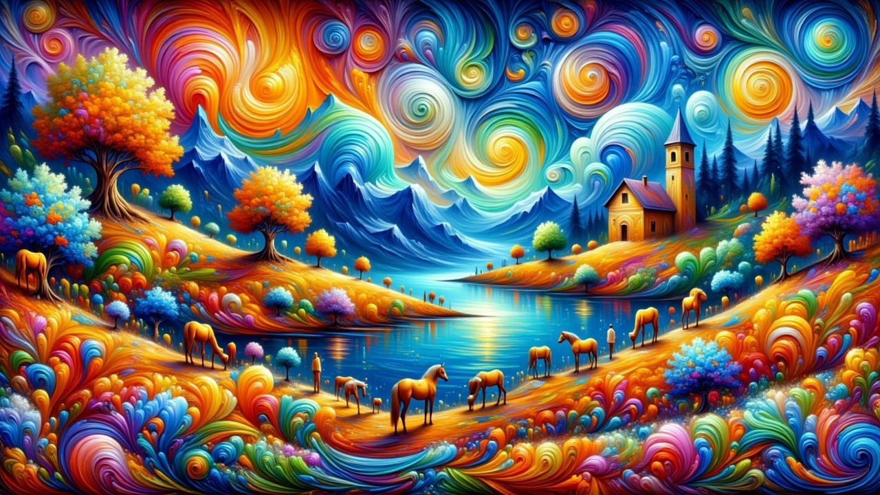 Vibrant Psychedelic Landscape with Grazing Horses