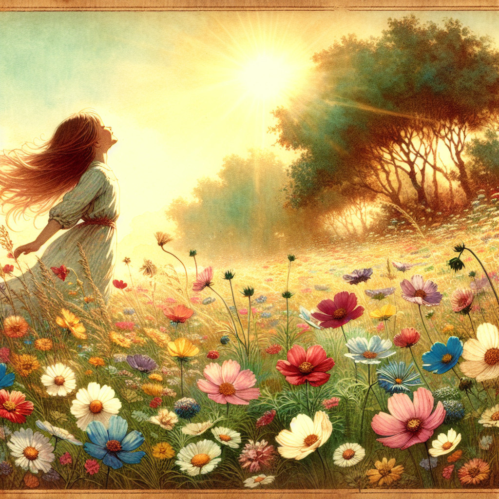 Young girl in colorful wildflower field under sunlight