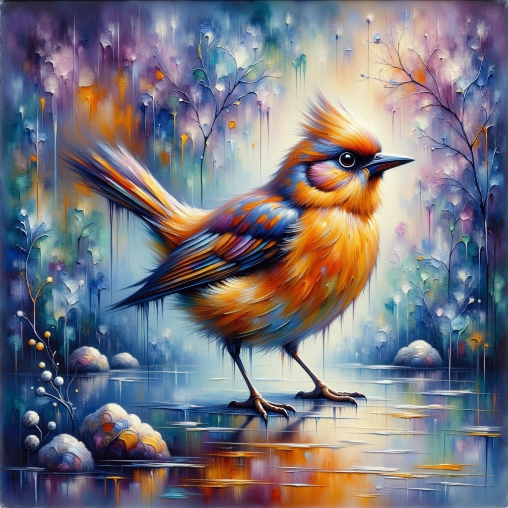 Vivid Bird on Reflective Surface with Abstract Backdrop