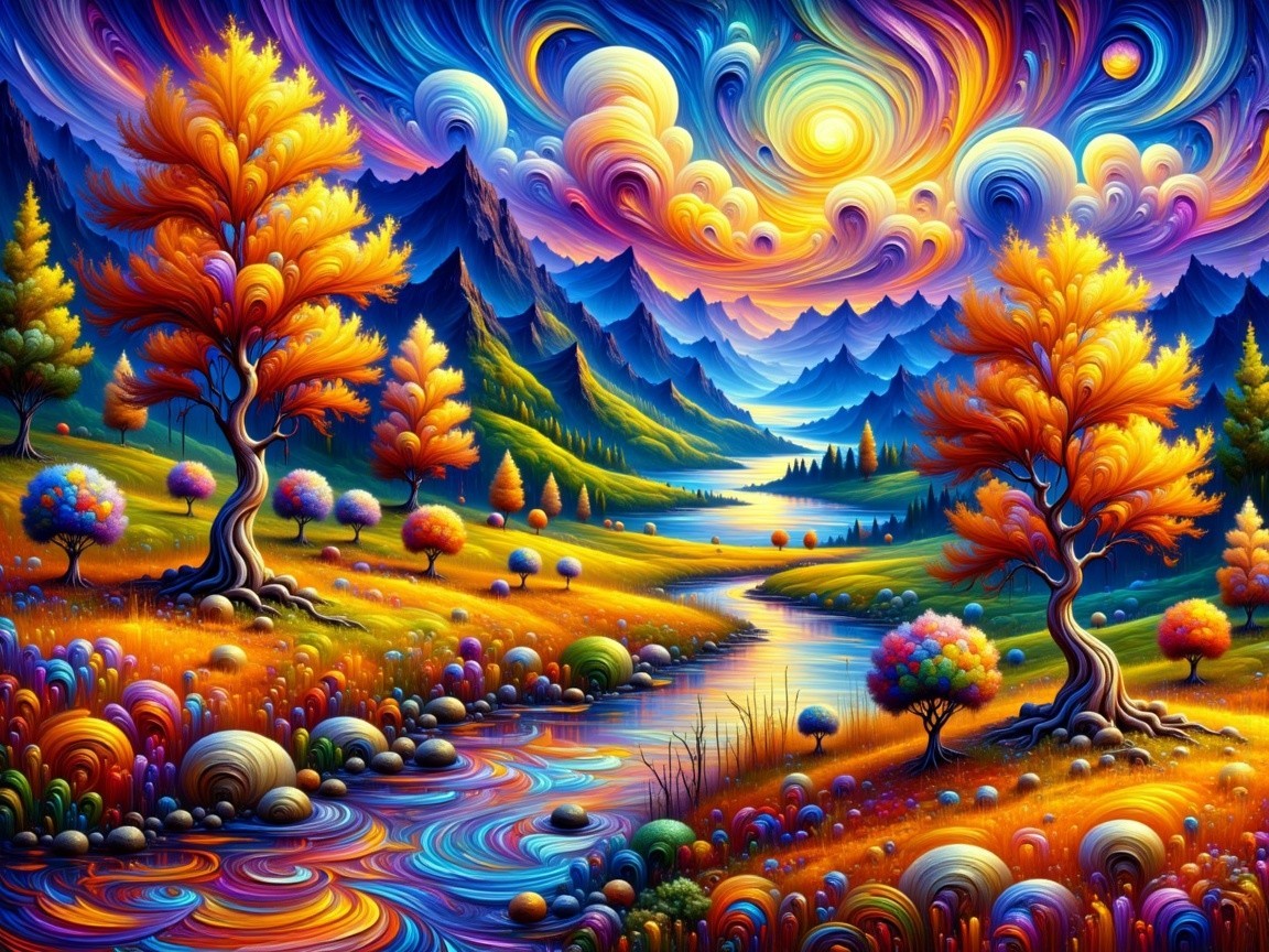 Vibrant Autumn Landscape with Bold Colors and Mountains