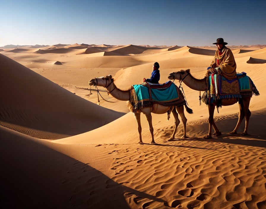 Camels on Sand Dunes Under Clear Blue Sky