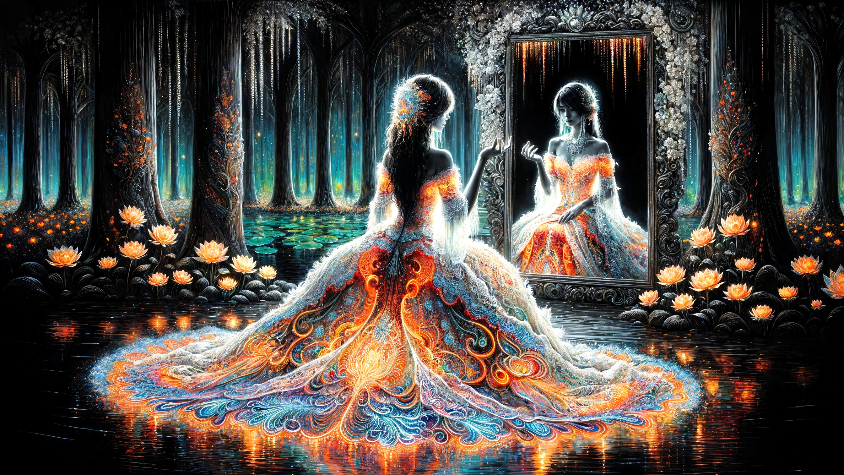 Mystical Forest Scene with Woman and Shimmering Water
