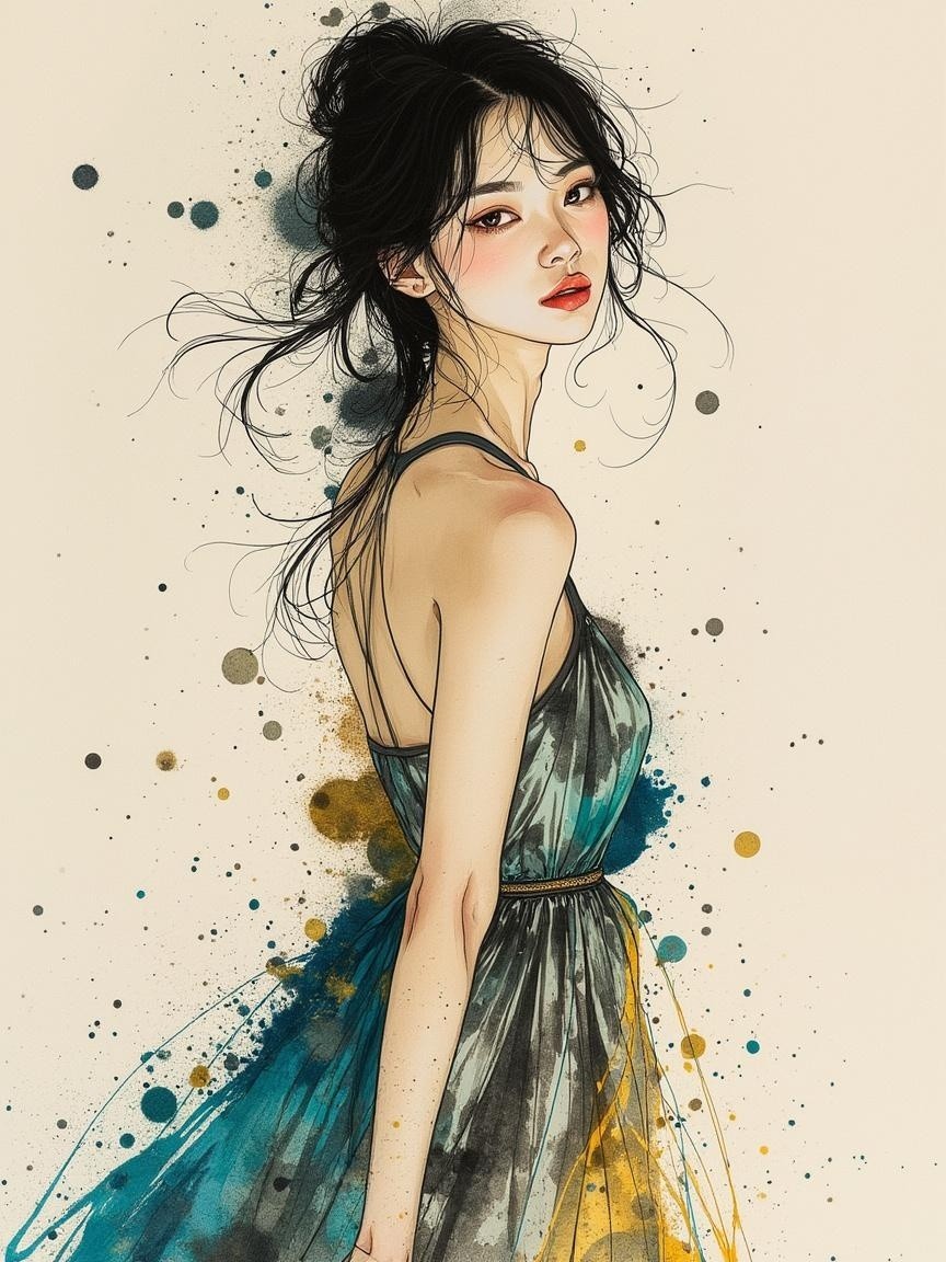 Illustration of a Young Woman in Teal and Gold Dress