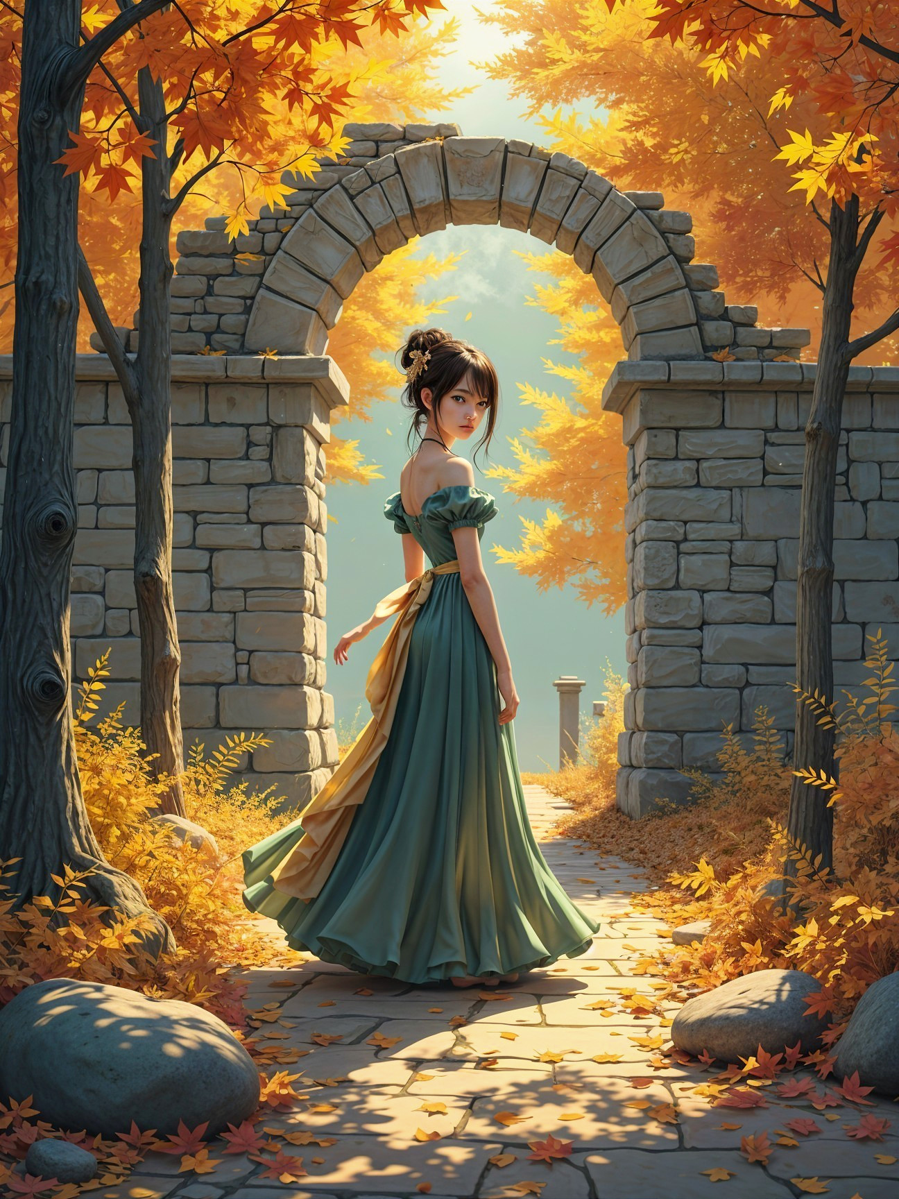 Young Woman in Green Dress Amid Autumn Foliage