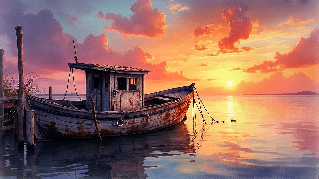 Weathered Boat on Calm Waters at Sunset