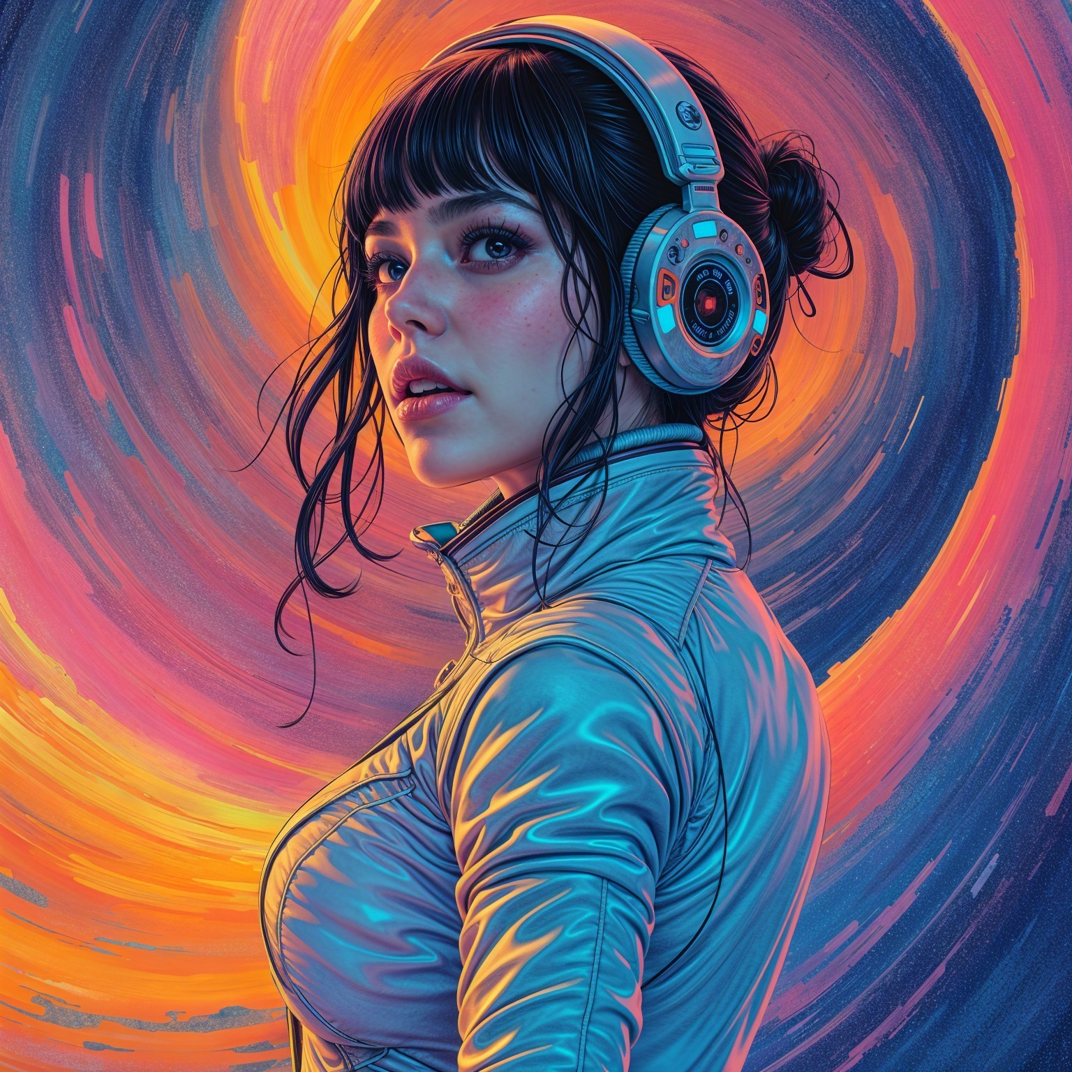 Young woman in silver jacket with vibrant background