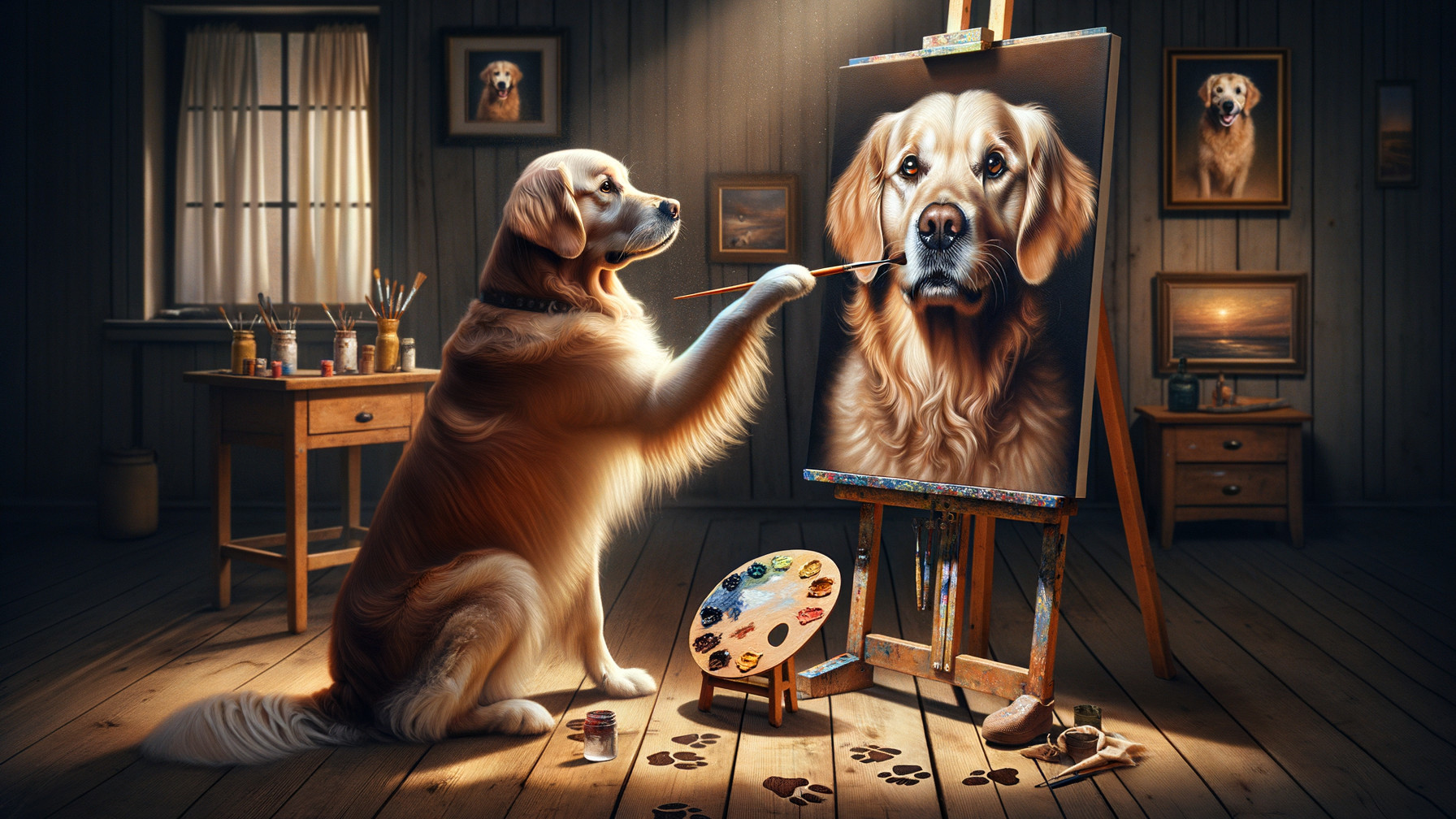 Golden Retriever Painting Portrait in Warmly Lit Room