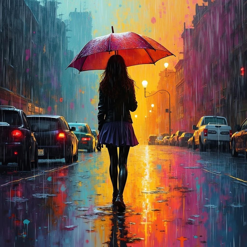 Lone Figure with Red Umbrella in Vibrant Rainy City